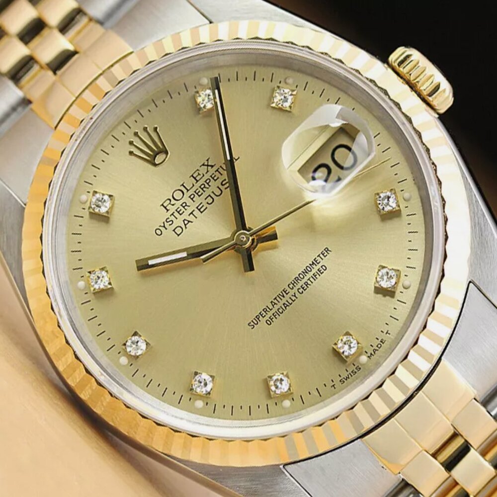 MINT ROLEX MENS DATEJUST FACTORY DIAMOND DIAL 18K WATCH